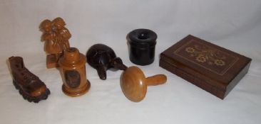 Mauchline ware lidded pot depicting Boston Church, darning mushroom, sm. leather boot etc.