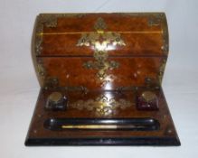 Walnut stationary box with two glass inkwells & brass embellishments