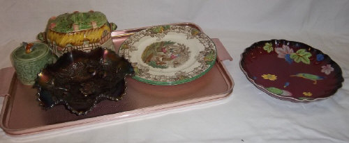 Carlton Ware Rouge Royale plate, 2 Spode Byron plates, Carnival glass bowl with cherries, cottage