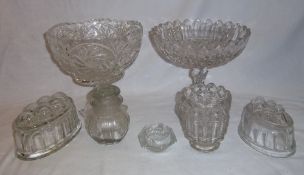 2 cut glass footed bowls, glass jelly moulds etc.