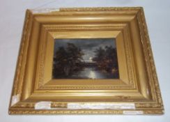 Sm. gilt framed oil on board depicting moonlight scene size approx. 17cm x 12cm