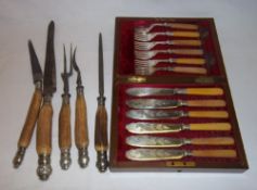 Cased set S.P fish knives & forks & horn handled carving set with silver mounts
