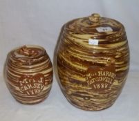 Agate glazed slip ware lidded barrel labelled Miss Harriet Hatchwell 1888 & smaller barrel with