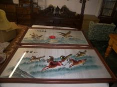 Pr large, framed Chinese silks depicting horses and birds of prey
