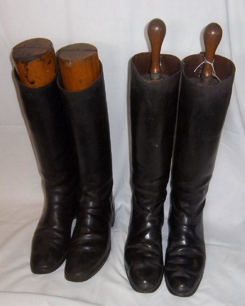 2 prs black leather riding boots with wooden stretchers
