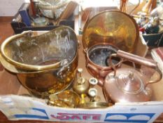 Copper kettle, sm. copper cauldron, brass coal bucket & sel. brass ornaments