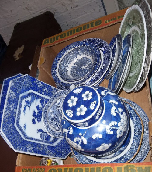 Sel. blue & white plates inc. Wedgwood, Ironstone etc.