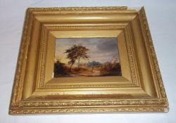 Sm. gilt framed oil on board depicting country scene with tree in the foreground and church in the