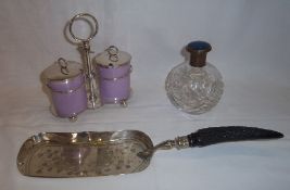 Cut glass scent bottle with enamel lid, S.P crumb tray, pr condiment pots stamped Crescent & Sons
