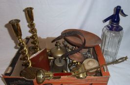 Pr brass candlesticks, brass bell, soda syphon etc.