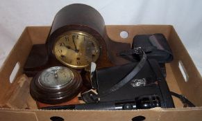 Mah. cased mantel clock, pr cased Pathescope de Luxe 16 x 50 binoculars, Kodak No 1 pocket camera