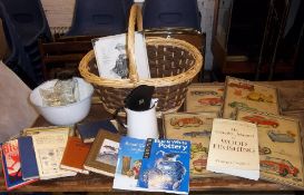 Wicker basket, sel. books some reference, enamel jug & mixing bowl, glass dessert dishes, framed