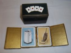 Leather bound card box & set playing cards & 2 packs Hoover playing cards in original box