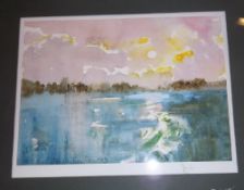 Framed watercolour depicting lake scene signed by the artist David Cuppleditch size approx. 41cm x