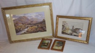 Gilt framed watercolour depicting farm scene with windmill signed E.A Baxter, gilt framed print