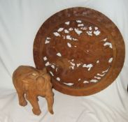 Wooden elephant & circular Oriental carving