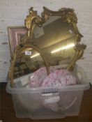 2 gilt framed mirrors & 1 other & mottled glass light shade