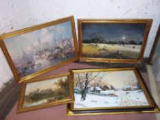 Framed print depicting Lincoln & 1 other & 2 gilt framed oils on board