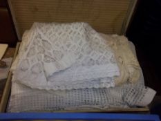 Suitcase containing lace & crocheted linen