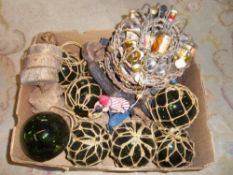 Sel. glass & cork fishing floats & sm. lobster pot of miniatures