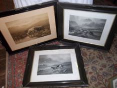 3 framed cattle prints entitled 'Evening Near Glencoe', 'Highland Cattle (Loch Katrine)' & 'Highland