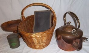 Wicker basket, copper kettle, wooden footed bowl, old Golden Syrup tin & school blackboard