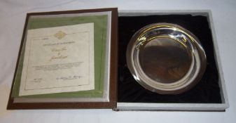 Silver plate with etching of original work by James Wyeth entitled 'Winter Fox' stamped 925 with box