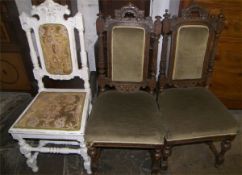 2 oak hall chairs with 1 similar painted hall chair