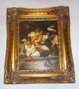 Sm. gilt framed oil on board depicting chickens signed E.H size approx. 19cm x 24.5cm