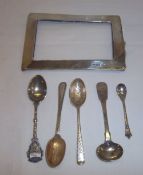 3 silver teaspoons, mustard spoon, salt spoon & silver photograph frame front