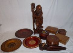 Oriental figural lamp base, pr Continental nut crackers, sel. carved wooden plates, trinket pots,