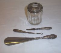 Glass dressing table pot with silver lid Birm. 1907, shoe horn with silver handle with embossed