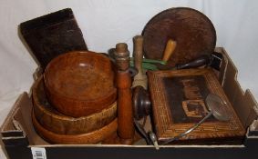 Burr walnut bowl, inlaid box, pr oak candlesticks, mincer, wooden lamp base, wooden bowls etc.