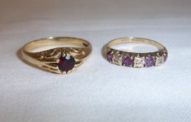 9ct gold amethyst & diamond chip ring & 9ct gold ring set with single stone