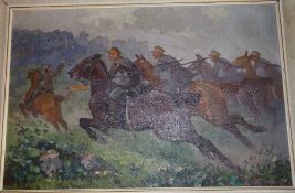 Oil on panel depicting military men on horseback with indistinct signature size approx. 32cm x 48cm