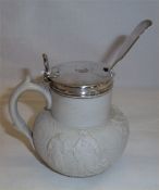 Silver lidded and collared stoneware mustard pot Lon. 1851, with non-matching spoon