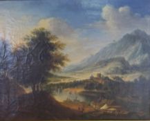 Gilt framed oil on canvas depicting mountainous landscape with Continental fishermen size approx.