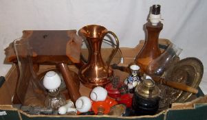 Wooden table lamp & matching stool, sm. paraffin lamps, pr cloisonne vases etc.