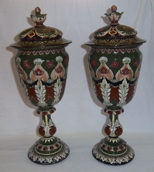 Pr Royal Bonn 'Old Dutch' chalice vases with covers with printed & applied dec. ht approx. 41cm