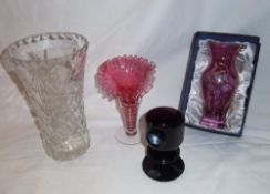 Wedgwood Silver Jubilee amethyst candlestick, cranberry glass vase with frilled rim, cut glass