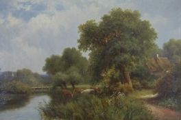 Lg. gilt framed oil on canvas depicting countryside scene with river & cattle signed R.Fenson 1908