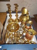 Pr brass candlesticks with pushers, brass & copper jugs etc.