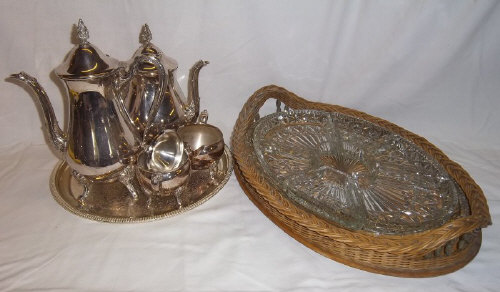 4 piece S.P coffee set & wicker hors d'oeuvre dish with glass dishes