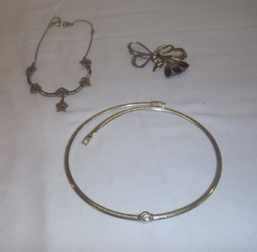 Silver necklace, Middle Eastern necklace & costume brooch