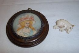 Framed hand-painted miniature of young lady signed Fleury, ivory pig etc.