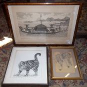 Framed German engraving, framed pen & ink picture of a cat & framed sketch of two dogs