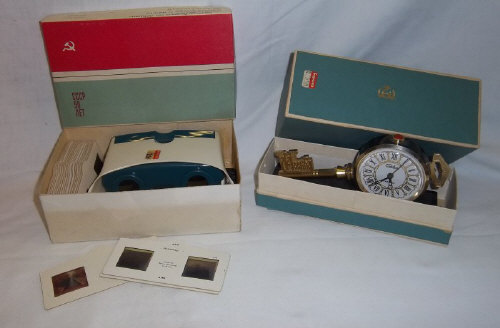Russian novelty clock in the form of a key & Russian 3D viewer & cards of Russian tourist scenes