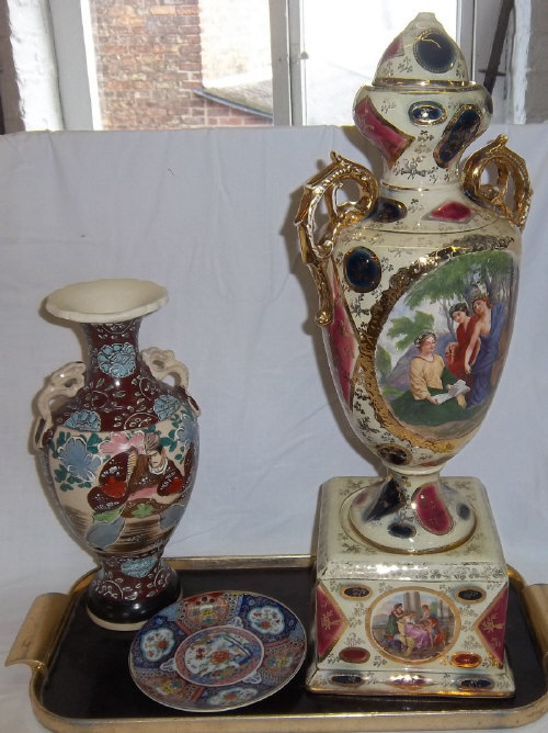 Oriental urn shaped vase & Royal Vienna amphora vase on square base with gilt dec.