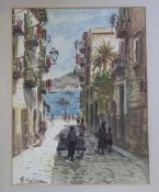 Framed watercolour depicting Continental street scene with sea size approx. 39cm x 52cm