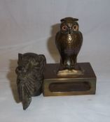 Victorian brass owl matchbox holder & walking stick handle in the form of dog holding a pheasant